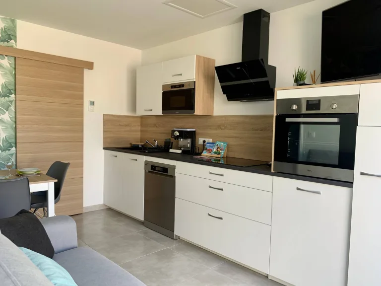 Cuisine équipée avec four, plaques et lave-vaisselle